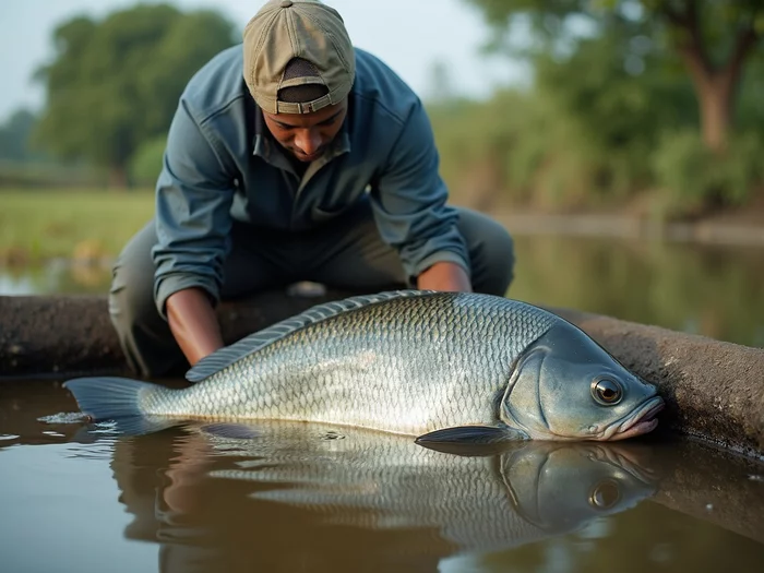 Professional farmer examining tilapia in a commercial pond, ensuring fish health and proper nutrition