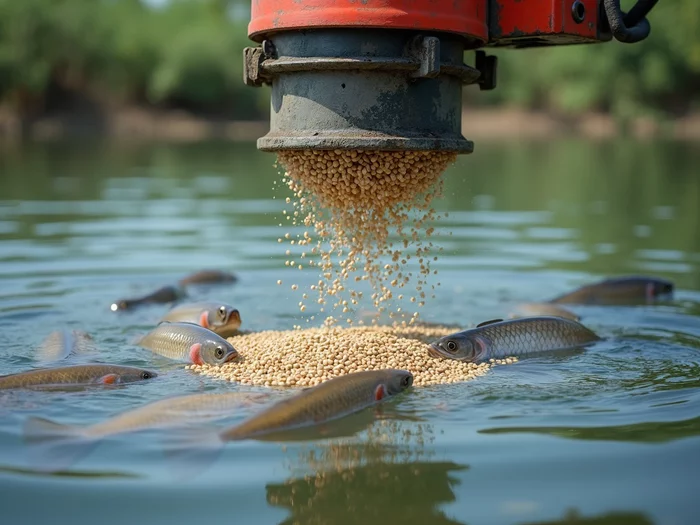 Automatic feeder dispensing pellets over a commercial tilapia pond