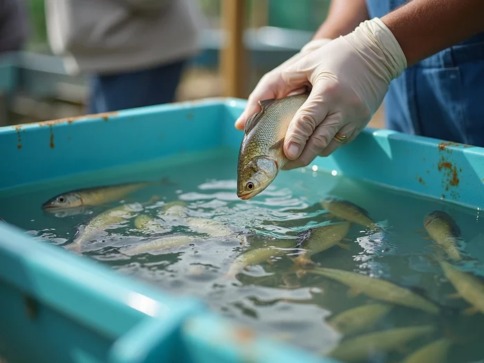 Healthy, uniformly sized Nile tilapia fingerlings being carefully transferred into a quarantine tank at a commercial African tilapia farm