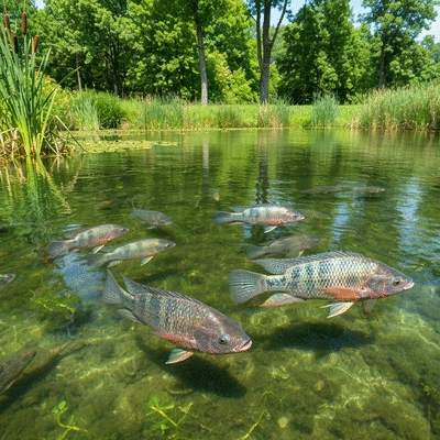 Tilapia fish swimming in a clean, well-maintained pond, illustrating a thriving aquatic ecosystem