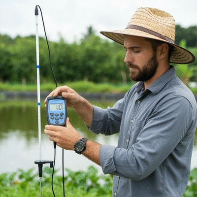 Tilapia farmer carefully monitoring water quality parameters with testing equipment, no text, no words, no typography, clean image