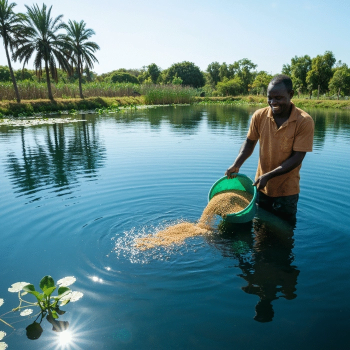 Tilapia farmer feeding fish in a large outdoor pond in Africa, sunny day