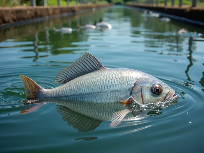 Aeration system actively working in a professional commercial tilapia pond