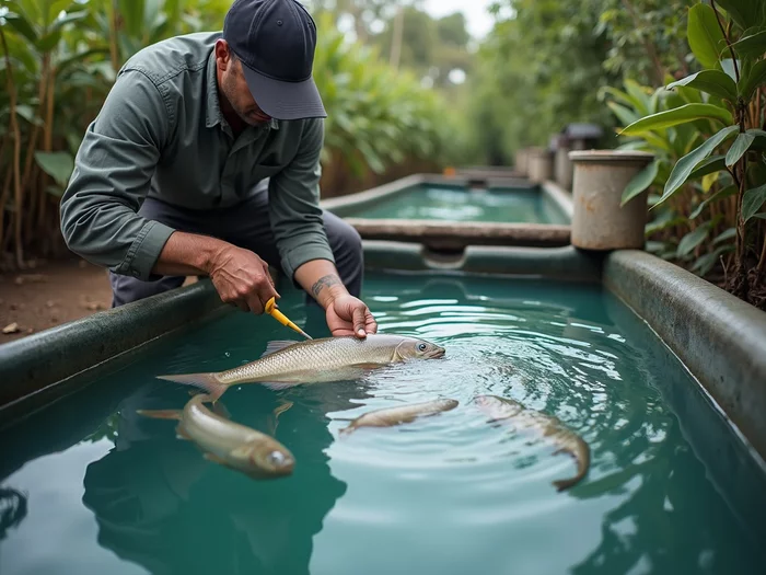 Aqua-culturist testing water quality parameters in a commercial tilapia breeding tank