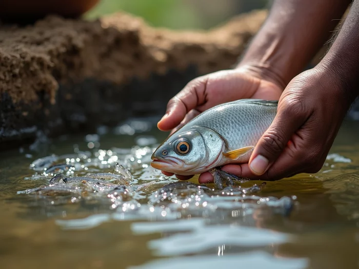 Nile tilapia fingerlings being carefully released into a commercial pond