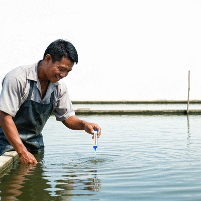 Tilapia farmer inspecting water quality in a pond with a test kit