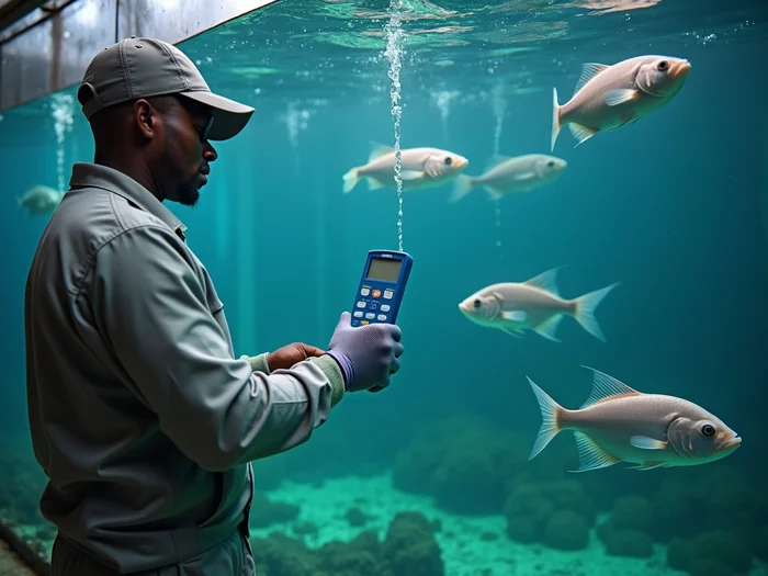 Professional water quality testing in a commercial tilapia tank farm