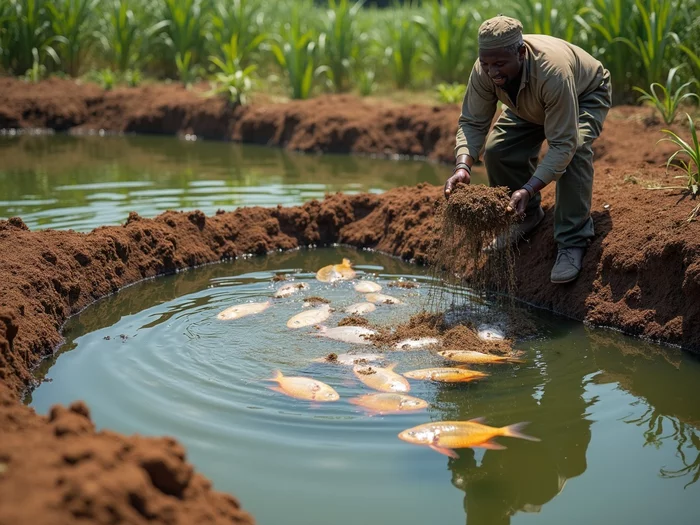 Farmer applying composted manure to tilapia pond