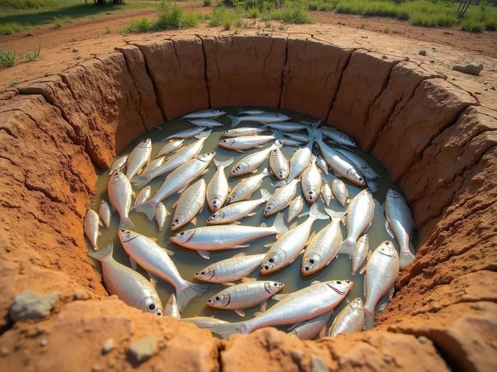 Dried commercial tilapia pond with cracked earth and visible bottom drain