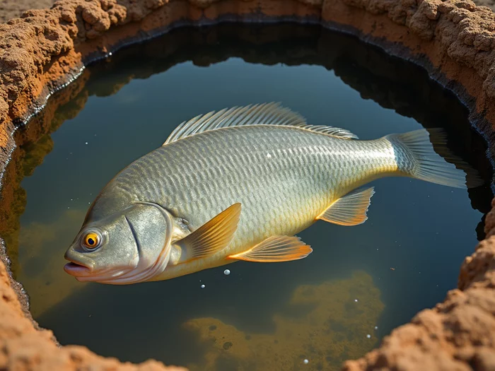 Nile tilapia broodstock in a commercial breeding pond with visible spawning nests