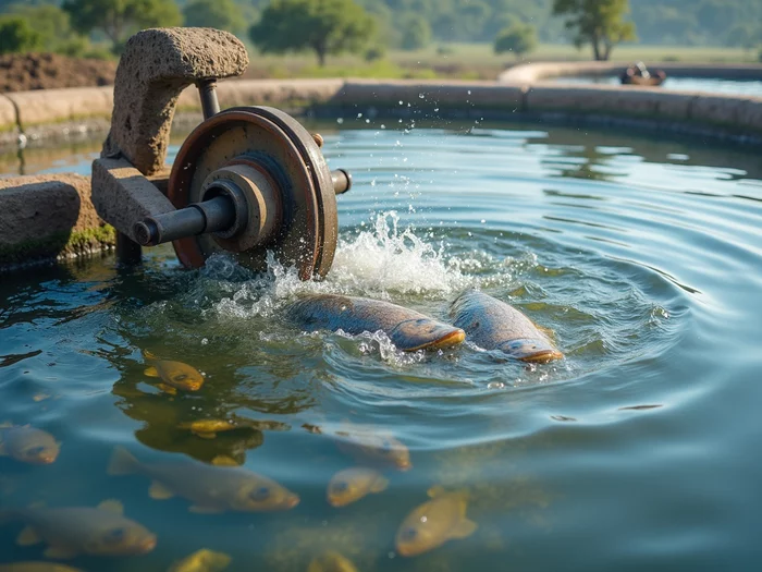 Paddle wheel aerator in a commercial tilapia pond