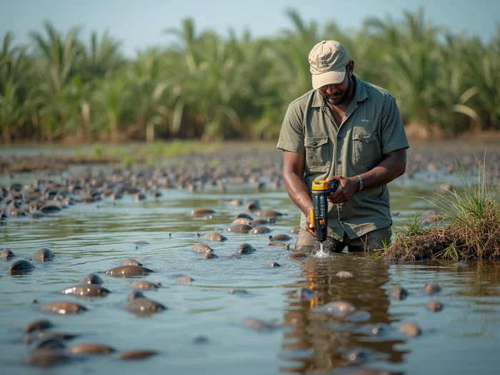 Tilapia farmer performing water quality tests in a commercial pond