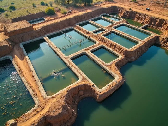 Aerial view of a commercial tilapia farm under construction, showing multiple rectangular concrete ponds with proper spacing and an adjacent water source. No text, no words, no typography, no labels, clean image.